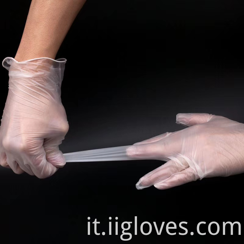 Protezione da lavoro trasparente usa e getta anti-acido PVC Glove elastico Servizio di grado di cibo in polvere senza polvere